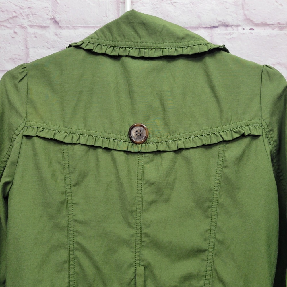 Ambition Green Trench Coat S Ruffle Collar Button Front‎ Cottagecore Preppy Chic - Picture 9 of 10